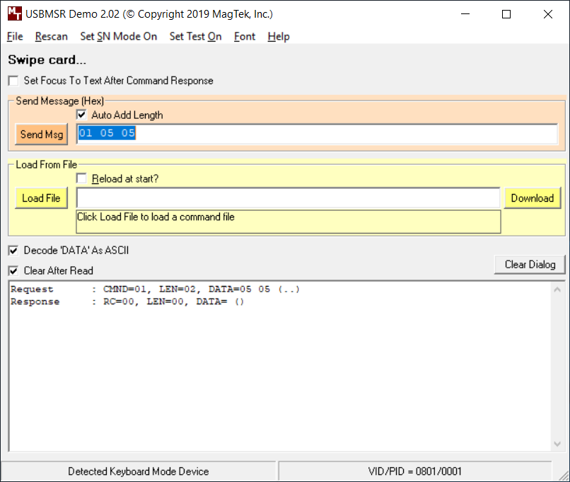 MSR query response showing DATA equals 05 for Tracks 1 and 2