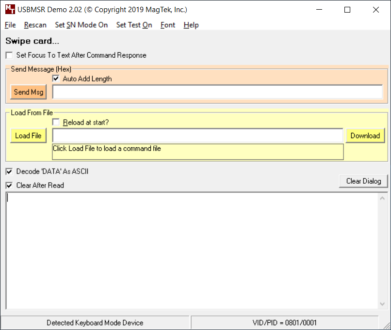 MagTek USB MSR Demo application detecting an MSR in Keyboard mode