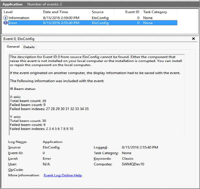 Windows Event Viewer showing EloConfig IR beam errors