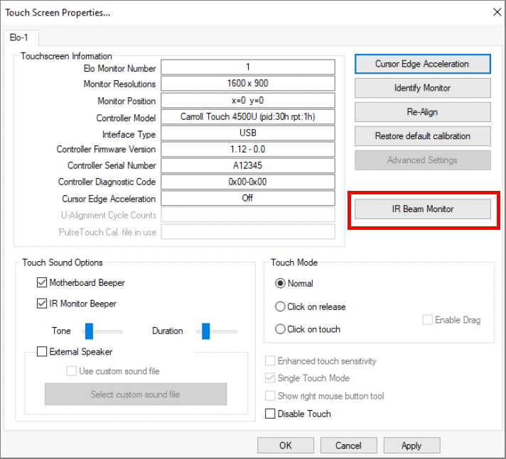 IR Beam Monitor button location in Touchscreen properties