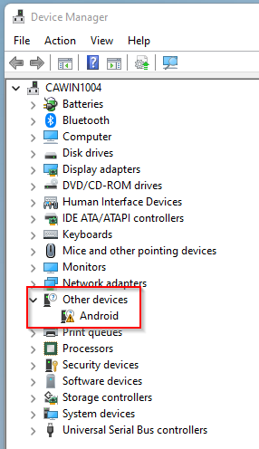 Device Manager showing unknown Android device