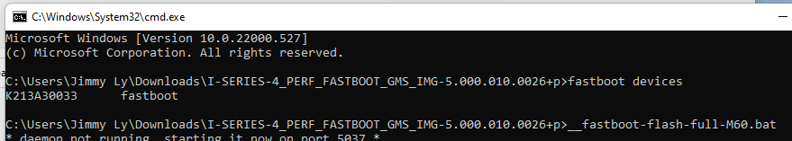 Command Prompt showing fastboot devices result