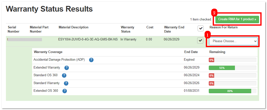 Select return reason and check warranty status
