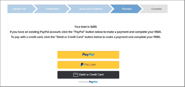 PayPal payment screen for out of warranty repairs