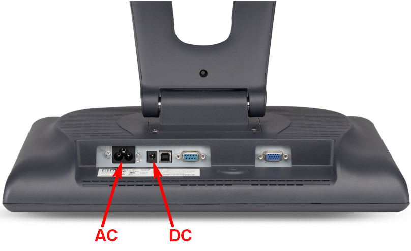 Back of monitor showing separate AC and DC power input ports