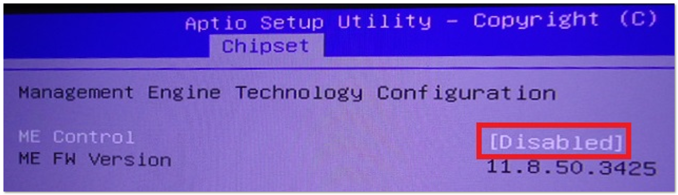 BIOS内で無効に設定されたME Control