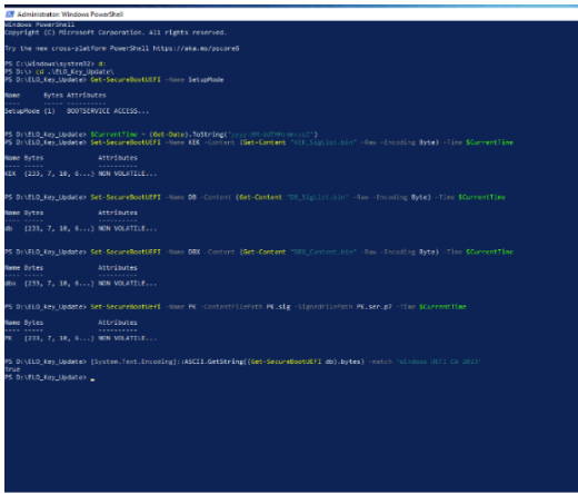 PowerShell'in Güvenli Önyükleme sertifika komutlarını başarıyla yürüttüğünü gösteren görüntü