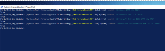 PowerShell doğrulama sonuçlarının dördü için True gösterdiği görüntü