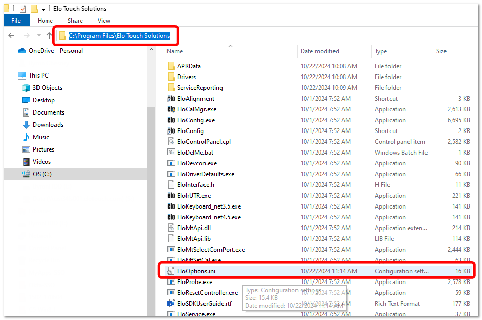 Расположение файла EloOptions.ini в проводнике Windows