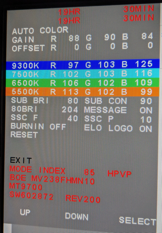 Menu OSD di fabbrica Elo
