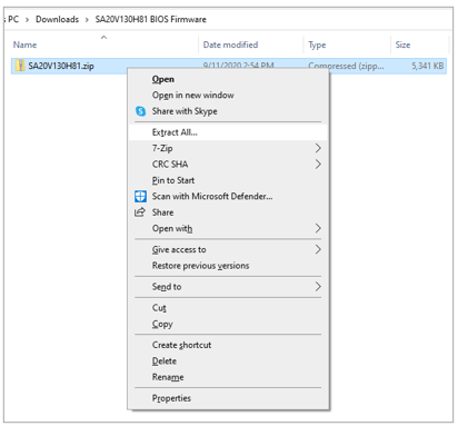 BIOS firmware zip arşivini çıkarma