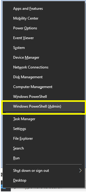 전원 메뉴에서 Windows PowerShell 관리자 선택