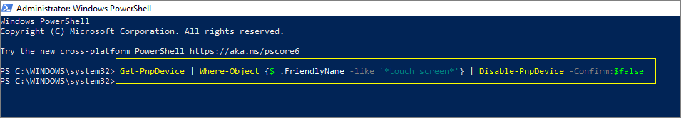 PowerShell disable touchscreen command