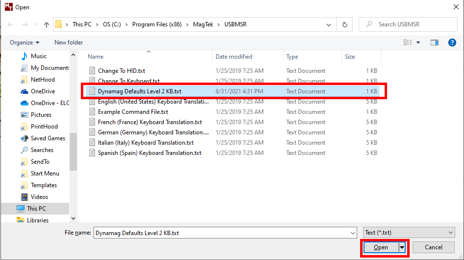 Dynamag Defaults Level 2 yapılandırma dosyasını seçme