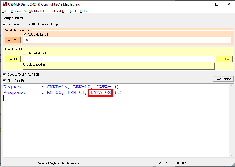 Checking the MSR encryption level in the MagTek USBMSR Demo utility