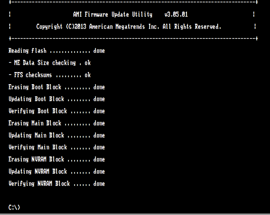 BIOS フラッシュ完了、C プロンプトに戻る